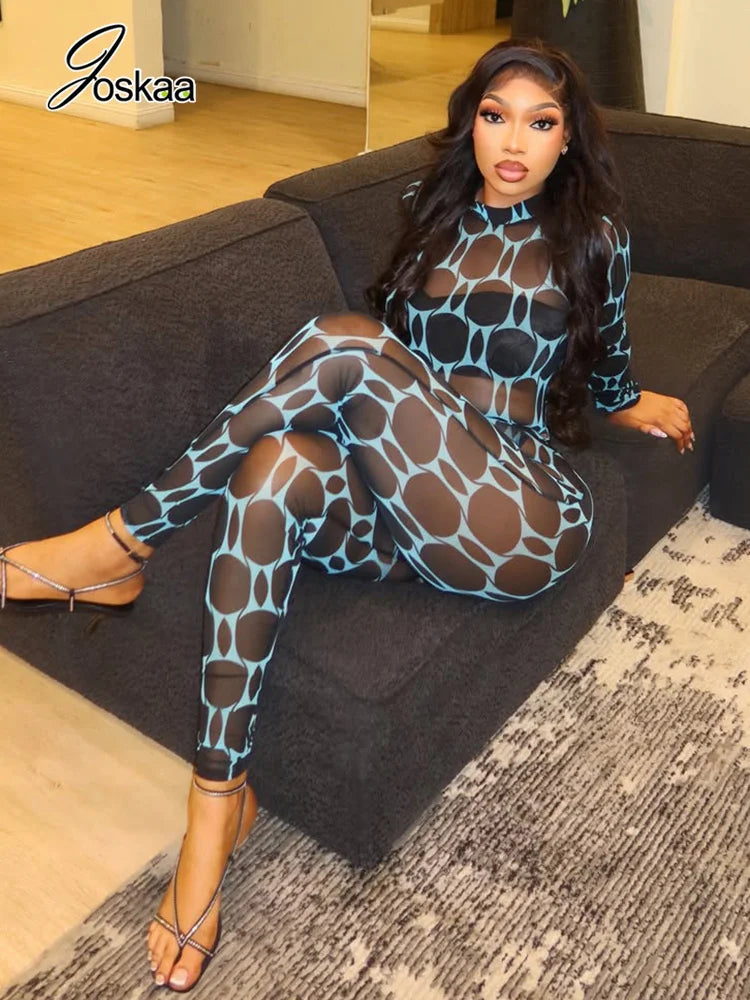 Women's Mesh Long Sleeve Bodycon High Waist Two Piece Set - Side View