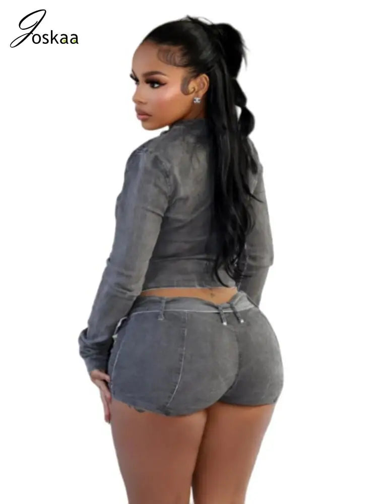 Women's Denim Long Sleeve Zip Two Piece Set Blue – Back View