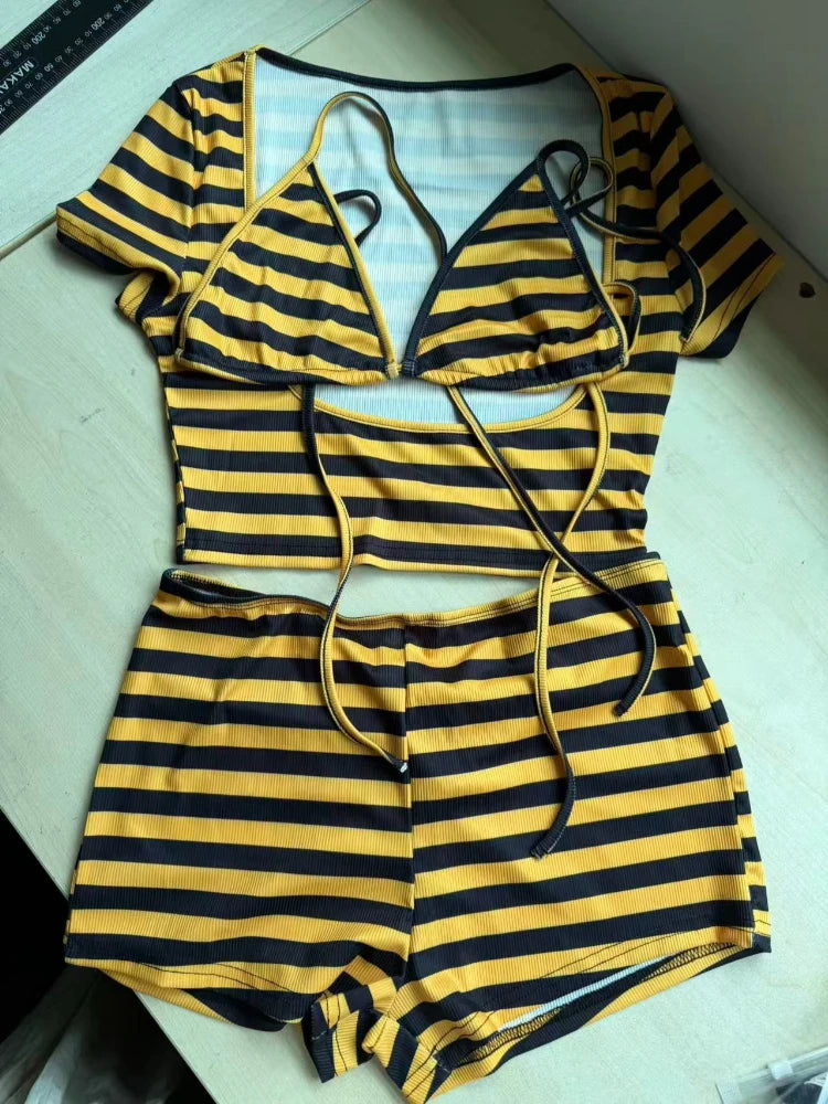 Women's Short Sleeve Striped Halter Two Piece Set - Detail View 3