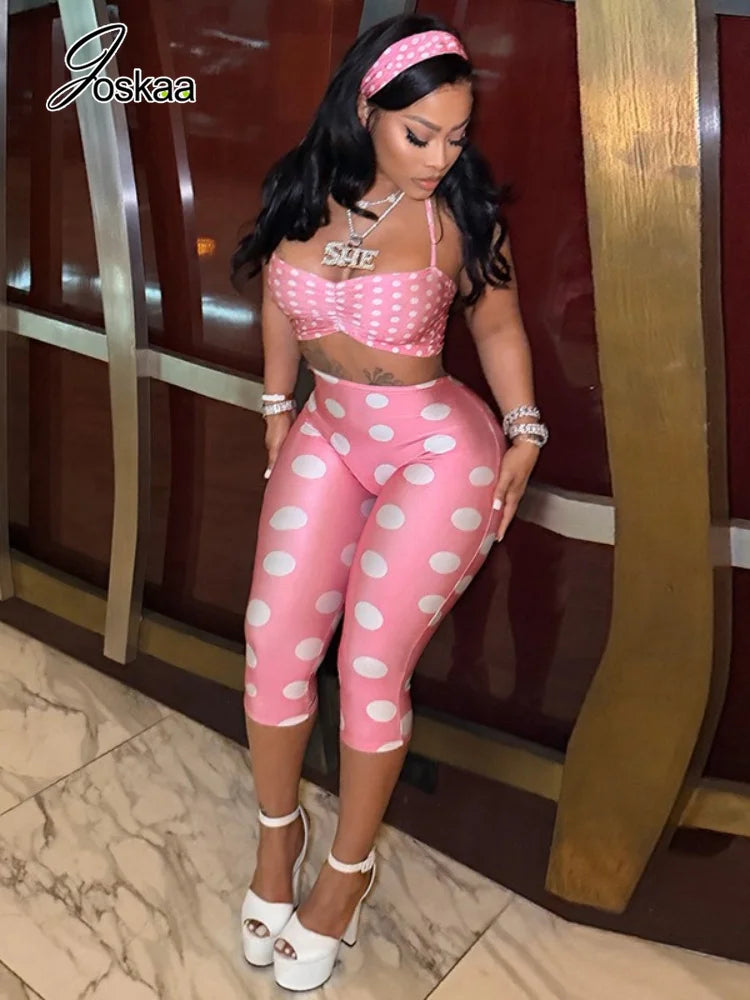 Women's Polka Dot Ruched Halter Two Piece Set Pink – Front View