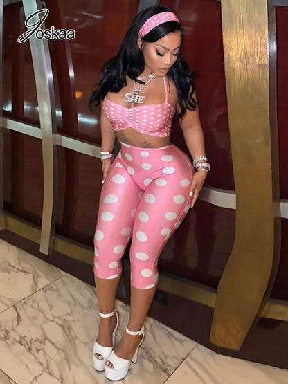 Women's Polka Dot Ruched Halter Two Piece Set Pink – Front View