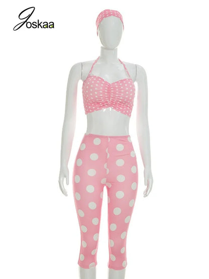 Women's Polka Dot Ruched Halter Two Piece Set Pink – Back View