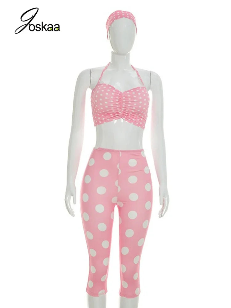 Women's Polka Dot Ruched Halter Two Piece Set Pink – Back View