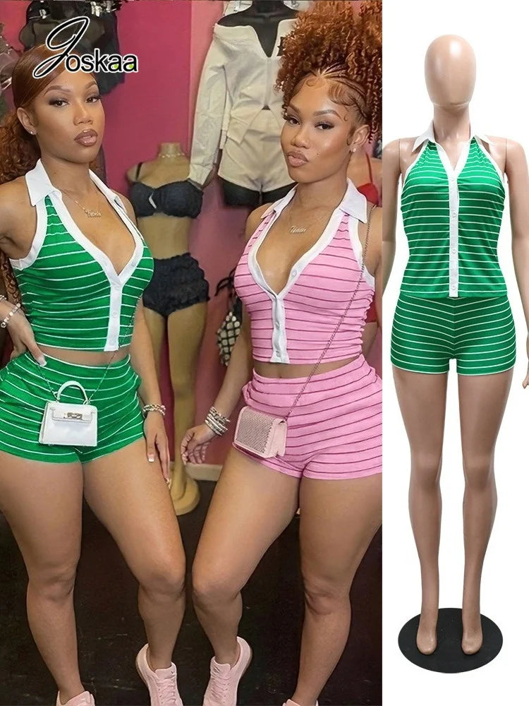 Women's Striped Halter Bodycon High Waist Two Piece Set - Women's Fashion Wholesale - Front View