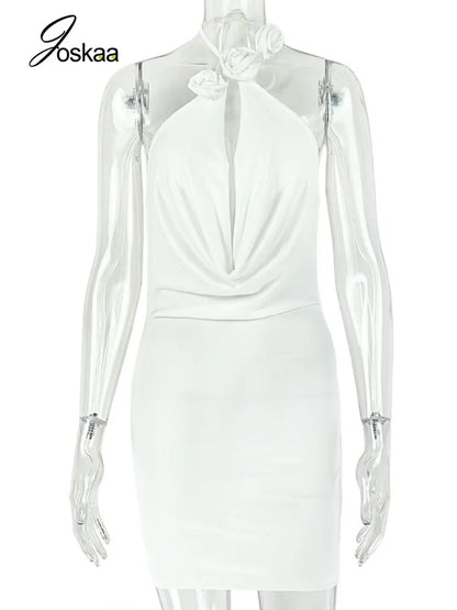 Women's Backless Halter Sleeveless Mini Dress White – Back View