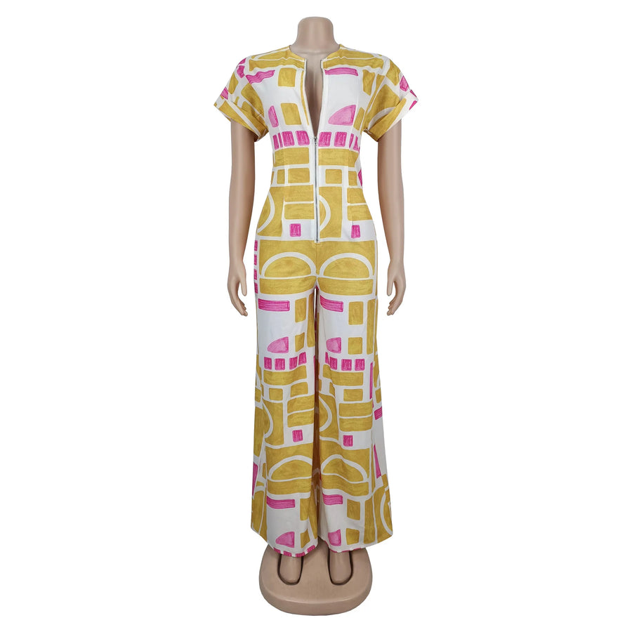 Women's Short Sleeve Flare Zip Wide Leg Romper