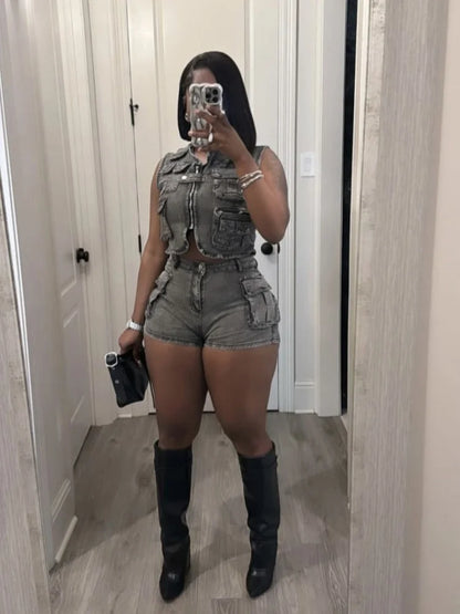 Women's Denim Crop Stretch Pockets Vest Two Piece Set – Women's Fashion Wholesale – Front View