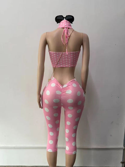 Women's Polka Dot Ruched Halter High Waist Two Piece Set - Detail View 4
