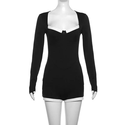 Women's Long Sleeve Bodycon Black and White Romper