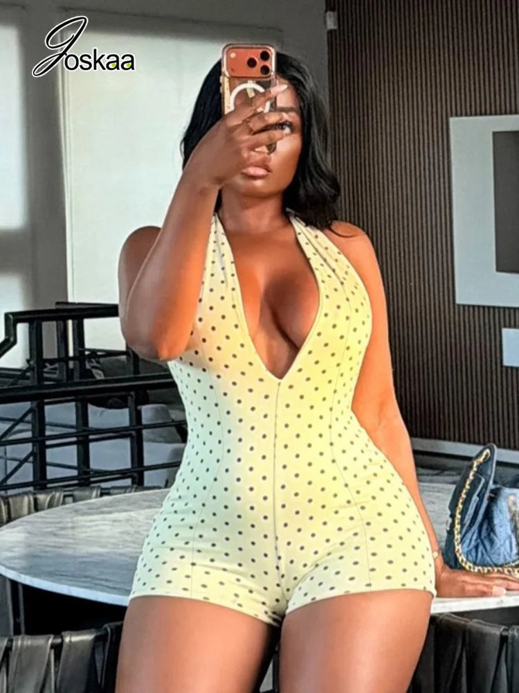 Women's Polka Dot Backless V-neck Halter Romper - Side View