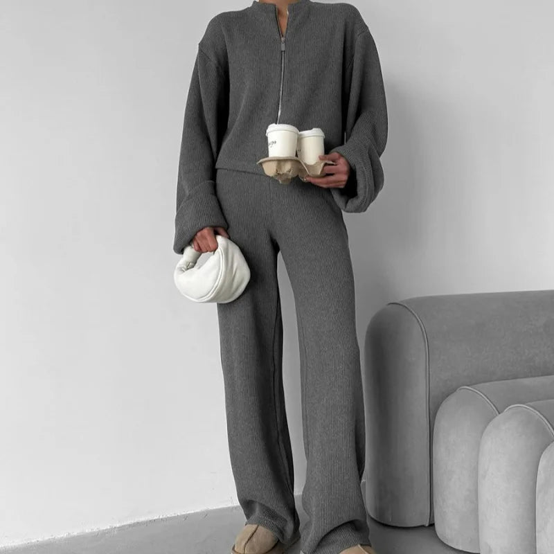 Women's Knit Long Sleeve Ribbed Zip Wide Two Piece Set