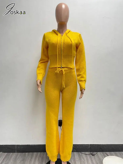 Women's Knit Long Sleeve Ribbed Zip Hooded Two Piece Set Yellow – Detail View