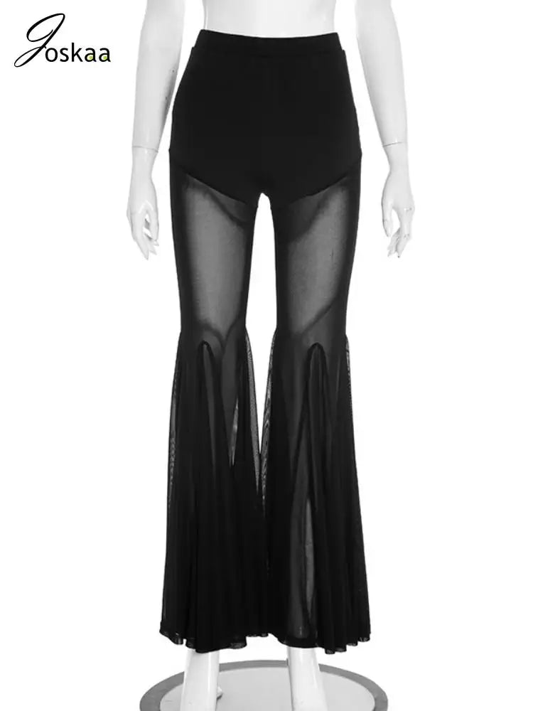 Women's Mesh High Waist Flare Sheer Black Pants Black – Back View