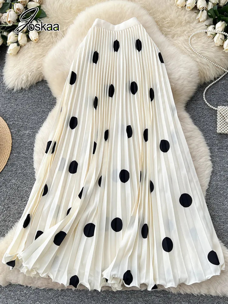 Wholesale Women's High Waist Maxi Pleated Skirt White Polka Dots – Back View
