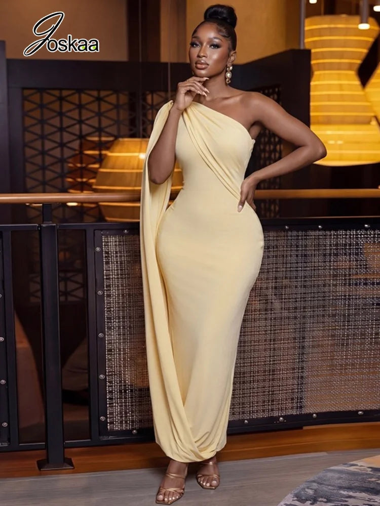 Women's Ruched Sleeveless One Shoulder Bodycon Maxi Dress - Front View