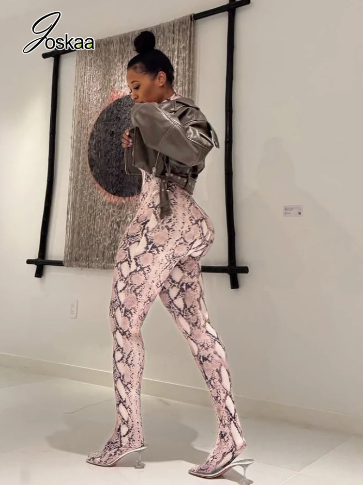 Women's Snake Print Long Sleeve Bodycon Romper Serpentine – Front View