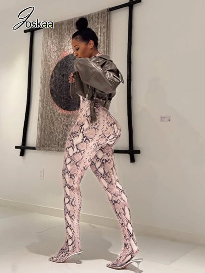 Women's Snake Print Long Sleeve Bodycon Romper Serpentine – Front View