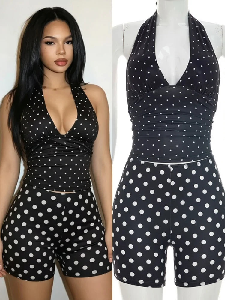 Women's Polka Dot Ruched V-neck Halter Two Piece Set - Additional View 8