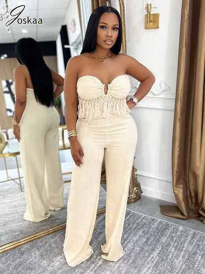 Women's Backless Strapless Flare Zip Wide Leg Romper – Women's Fashion Wholesale – Front View