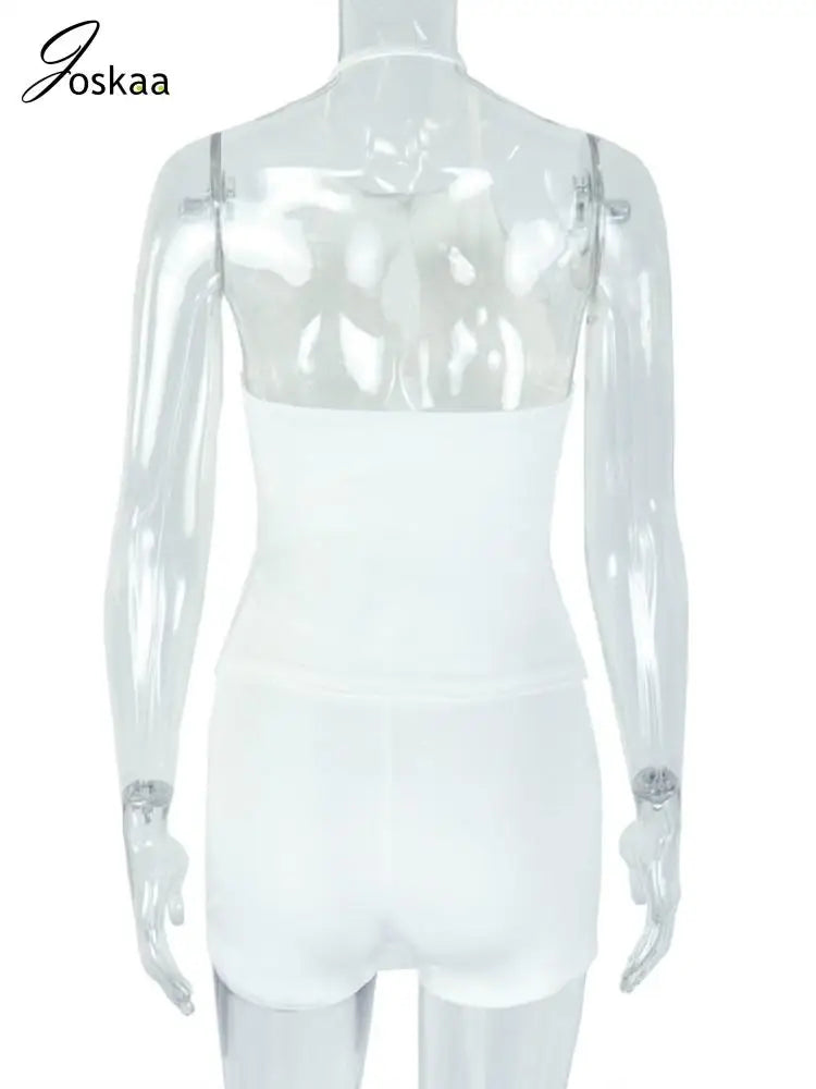 Women's Cutout Halter Bow Tank Tops Two Piece Set White – Detail View