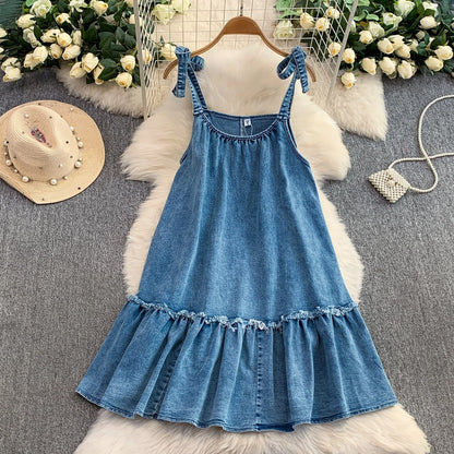 Women's Denim Print Sleeveless Mini Dress - Additional View 7