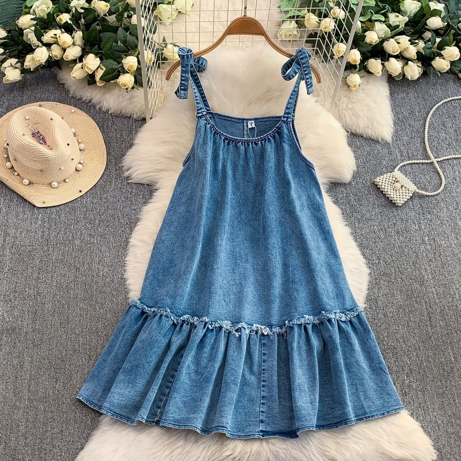 Women's Denim Print Sleeveless Mini Dress - Additional View 7