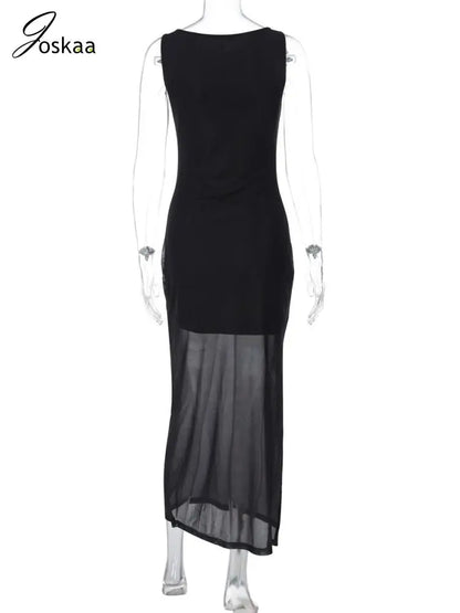 Women's Mesh Sleeveless Bodycon Maxi Dress Black – Detail View