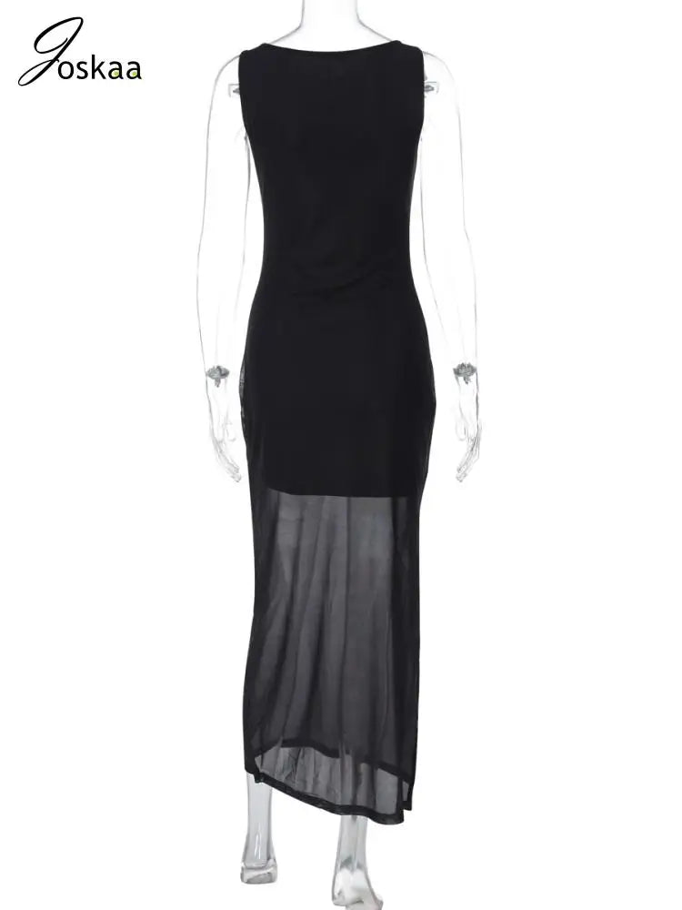 Women's Mesh Sleeveless Bodycon Maxi Dress Black – Detail View