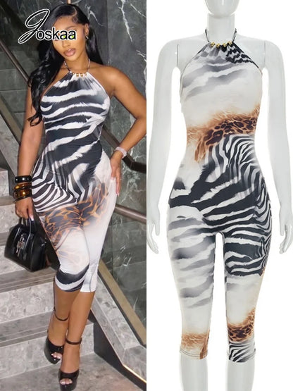 Women's Striped Lace Backless Halter Romper - Front View