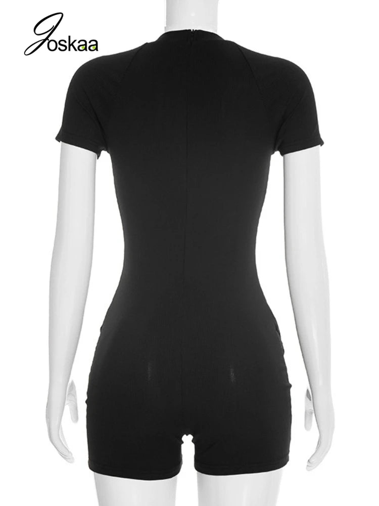 Women's Knit Short Sleeve Bodycon Romper Brown – Detail View
