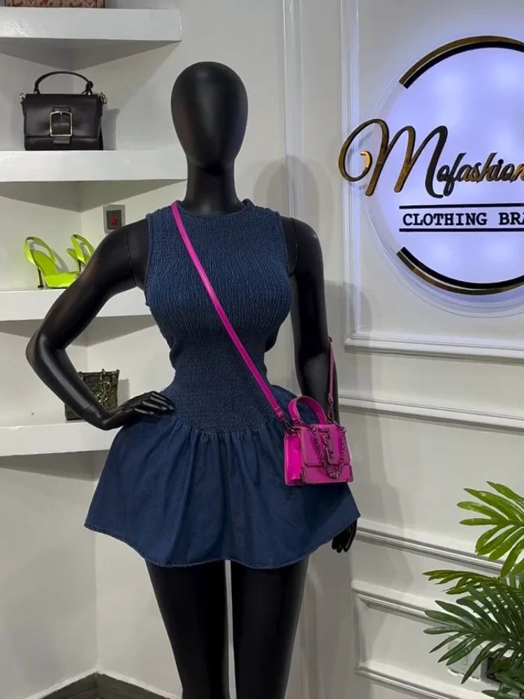Women's Denim Sleeveless French Honeycomb Stretch Mini Dress Blue – Front View