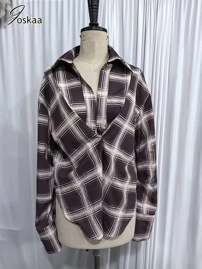 Women's Long Sleeve Plaid Asymmetric Shirt Top Coccineous – Detail View