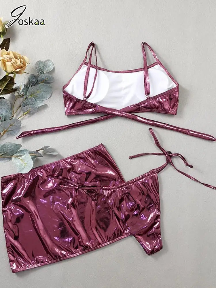 Women's Sequin Swimwear Bronzing Shiny Bikini Set Bright Pink 3 Pcs – Detail View