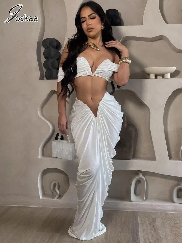 Women's Ruched Maxi Elegant Wrap Chest Two Piece Set White – Back View