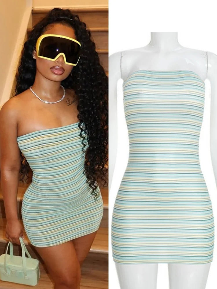 Women's Striped Backless Strapless Sleeveless Mini Dress - Additional View 8