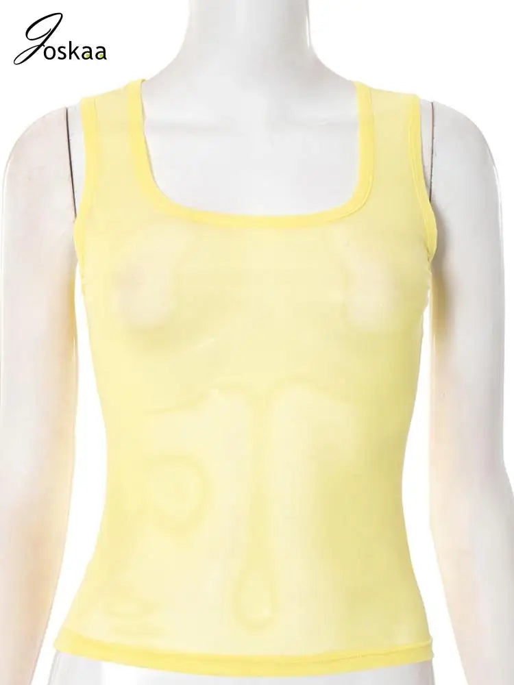 Women's Mesh Sleeveless Sheer Tank Square Top Yellow – Detail View