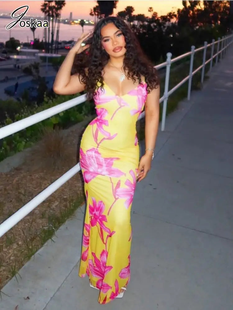 Women's Floral Print Sleeveless Bodycon Maxi Dress Colorful – Side View