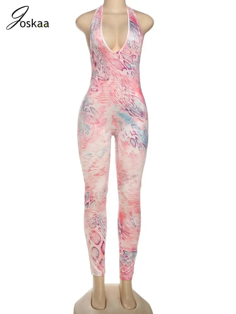 Women's Leopard Print Backless Halter Romper Pink – Back View