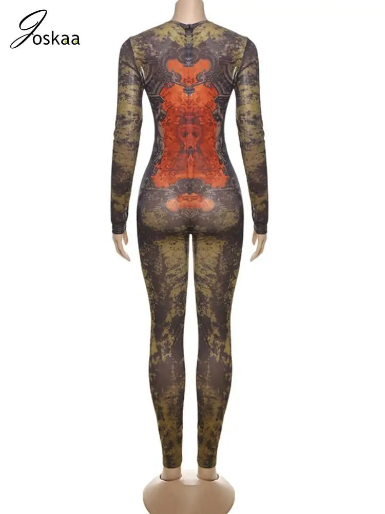 Women's Mesh Long Sleeve Bodycon Zip Romper Orange – Detail View