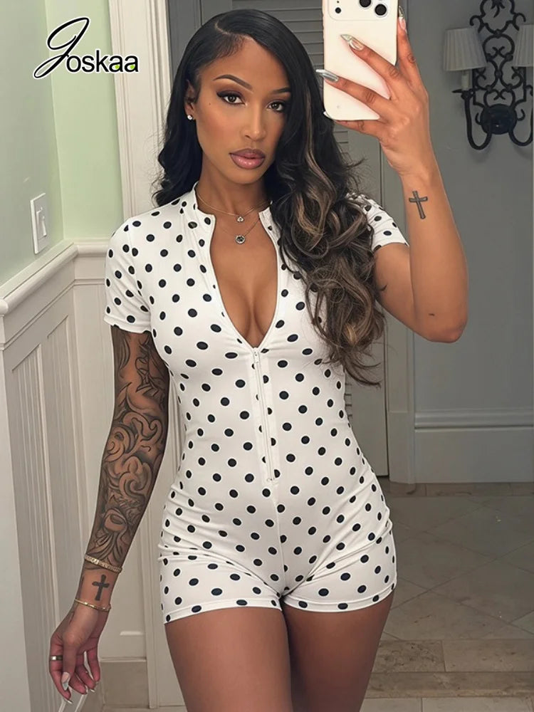 Women's Polka Dot Short Sleeve Bodycon Romper Black – Front View