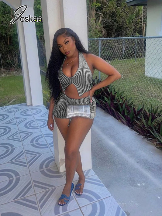 Women's Striped Ribbed Knit Backless Halter Two Piece Set - Front View