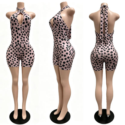 Women's Polka Dot Lace Backless Halter Romper