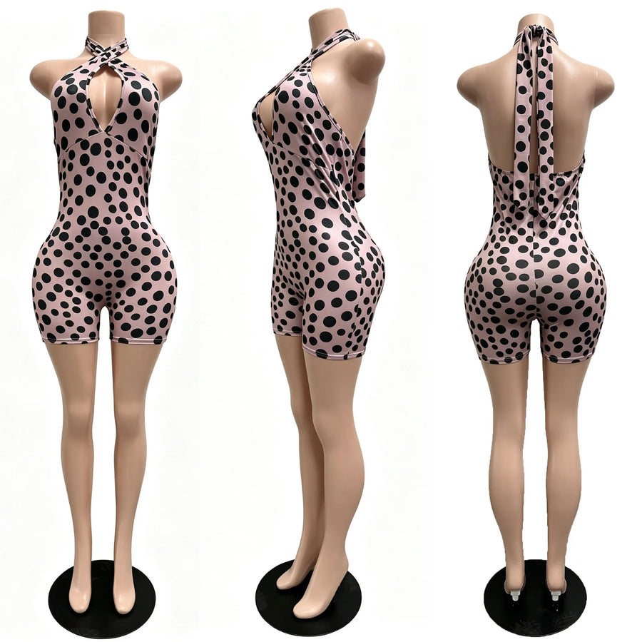 Women's Polka Dot Lace Backless Halter Romper