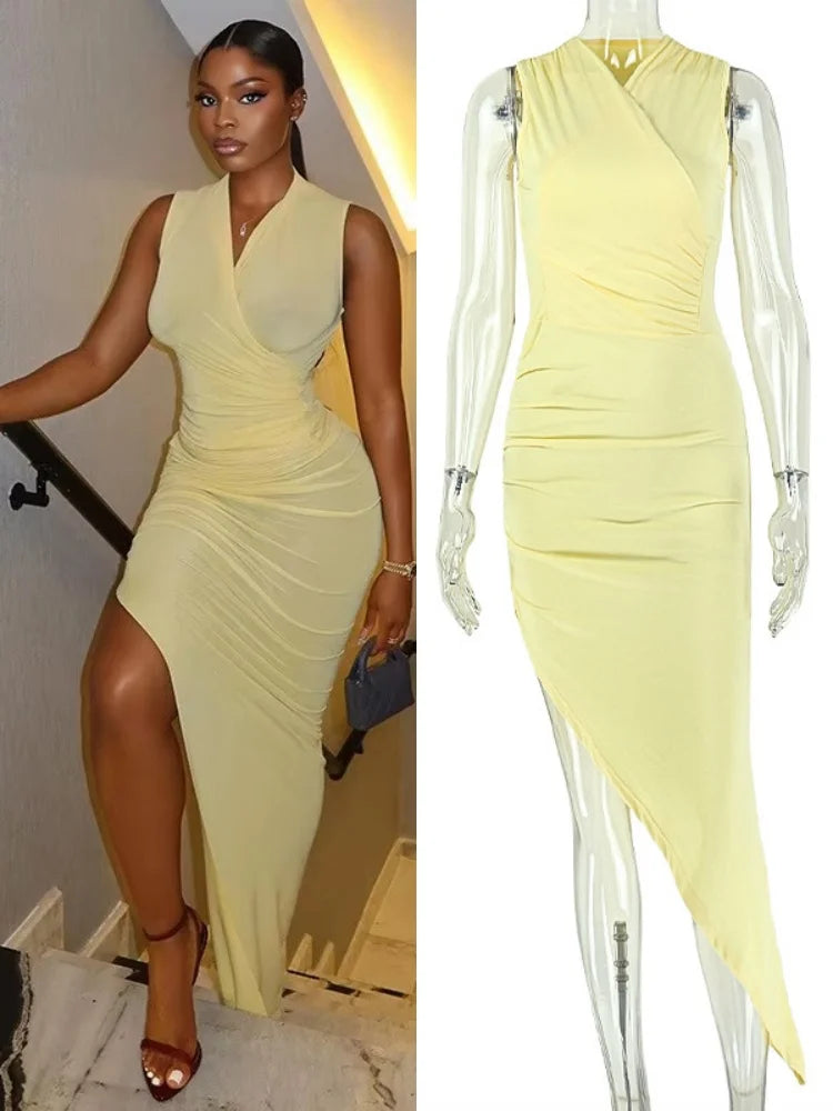 Women's Ruched V-neck Sleeveless One Shoulder Maxi Dress - Additional View 8