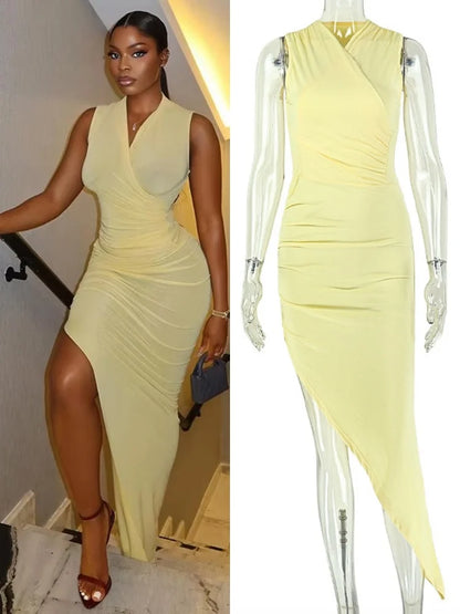 Women's Ruched V-neck Sleeveless One Shoulder Maxi Dress - Additional View 8