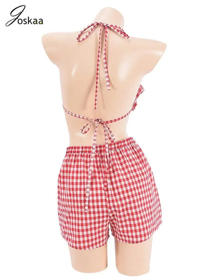 Wholesale Women's Backless Plaid Two Piece Set Red – Detail View