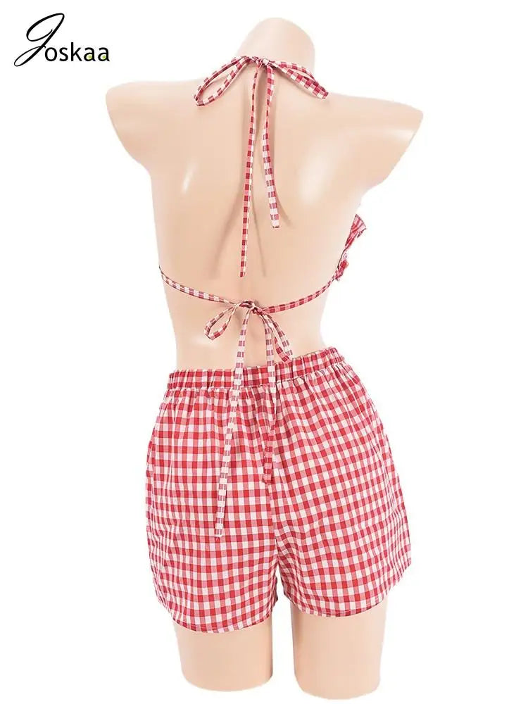Wholesale Women's Backless Plaid Two Piece Set Red – Detail View