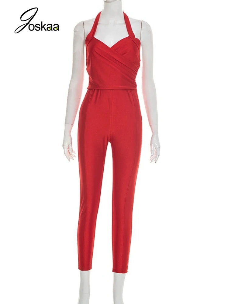 Women's Lace Backless Halter Two Piece Set Red – Back View