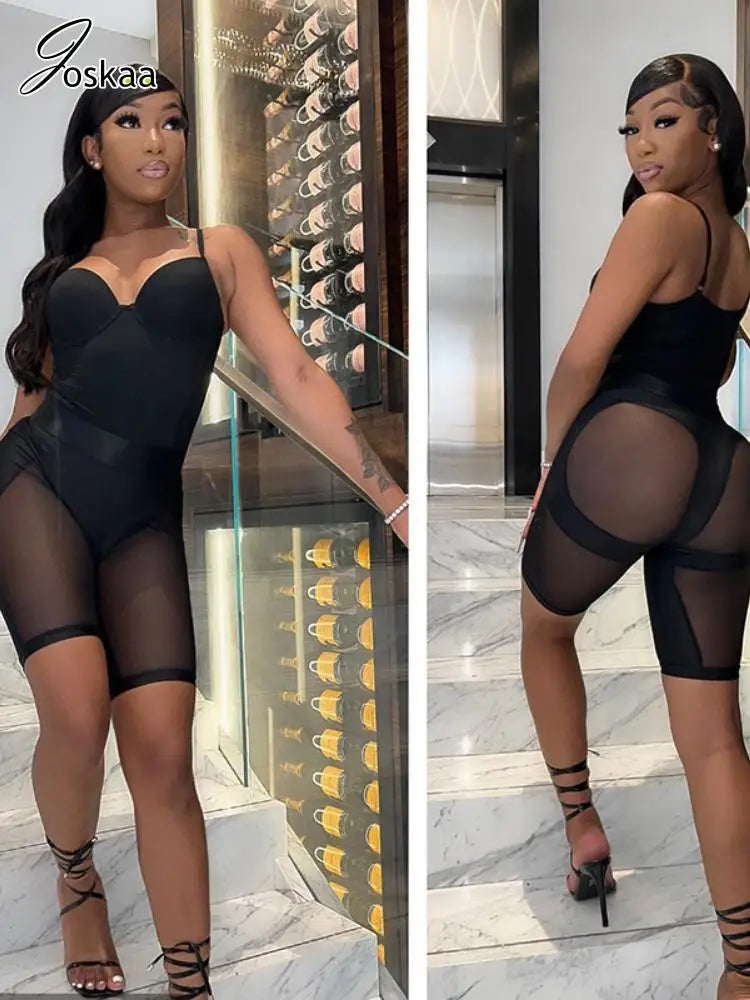 Women's Mesh Spaghetti Strap Black Two Piece Set Skin Shorts Set – Side View