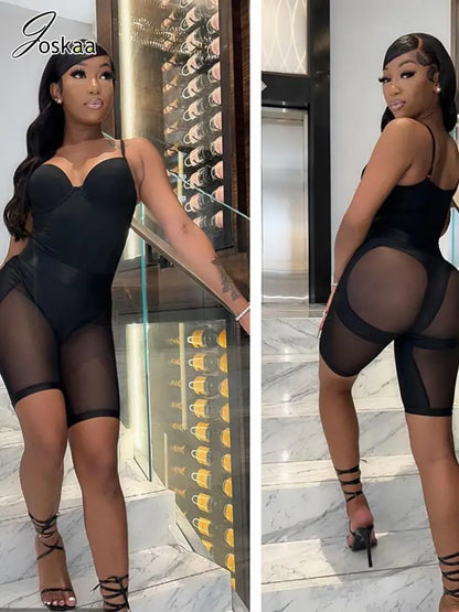Women's Mesh Spaghetti Strap Black Two Piece Set Skin Shorts Set – Side View